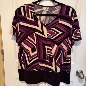 Geometric Print V-Neck Button Front Blouse - Purple